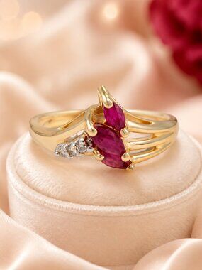 Helzberg Diamonds Natural Marquise Ruby & .10 CTW Diamond Ring — 14K Gold